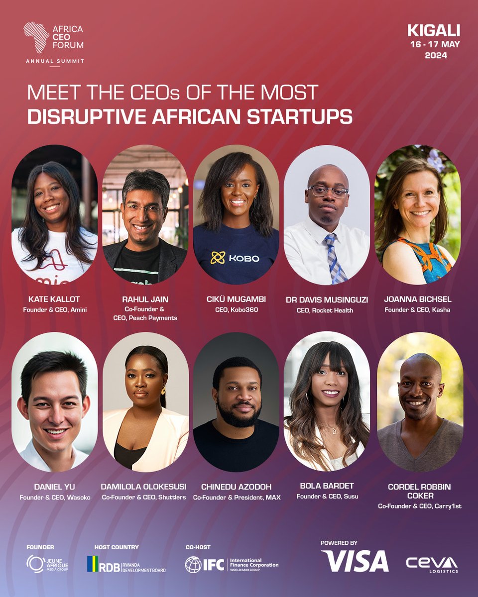 Meet the CEOs of disruptive African startups attending the Africa CEO Forum @africaceoforum on 16-17 May 2024.👇🏼 Secure your spot to attend today at rdb.rw/africa-ceo-for… Discounted rates apply to CEOs of Rwanda-based companies. #ACF2024 | #InvestInRwanda🇷🇼