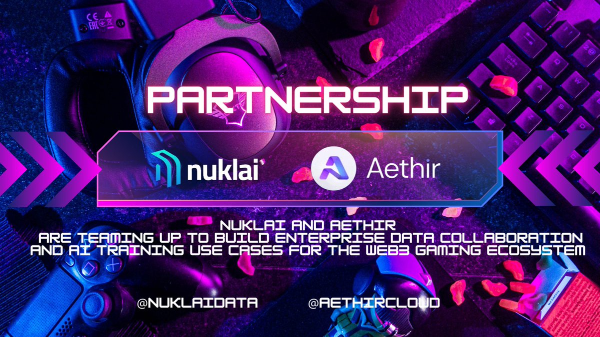 7/9🌐
@AethirCloud enterprise data collaboration for #data  collaboration and #AI  training with a focus on the gaming industry. The partnership will connect major gaming company #aethir and a network of #gamers to our #SmartData infrastructure.

$NAI #Nuklai