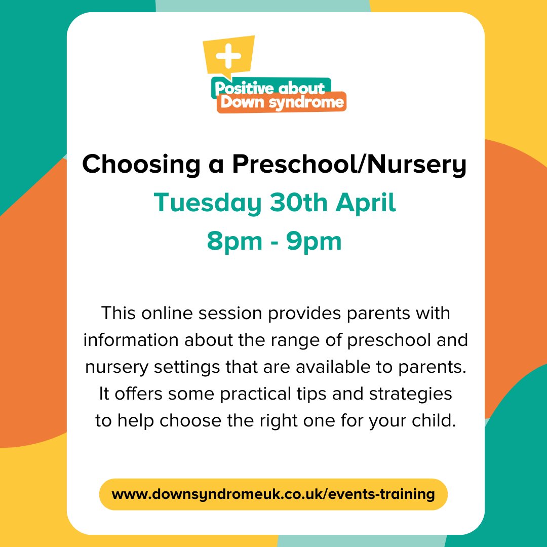 Online session tonight - Choosing a Preschool setting Tuesday 30th April, 8pm - 9pm The session will be recorded, and this, with a copy of the slides used during the session will be shared with those that register. Book your place: downsyndromeuk.my.site.com/community/s/su… #DownSyndrome