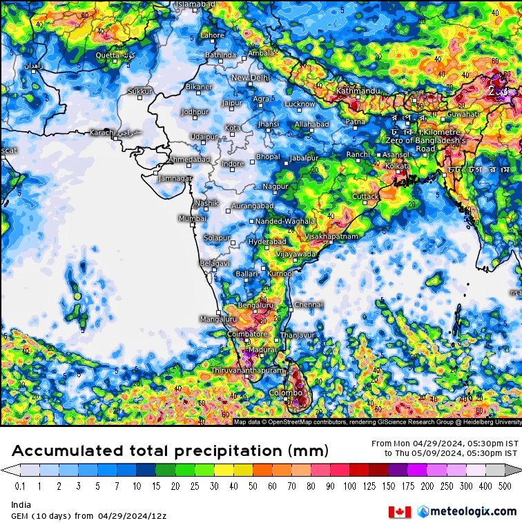 Great pre-monsoon thunderstorms are expected over eastern and southern India from May 6-13. Karnataka, Kerala, Tamil Nadu, Odisha, Telangana, Andhra Pradesh, West Bengal, and Northeast India are likely to receive significant rainfall.