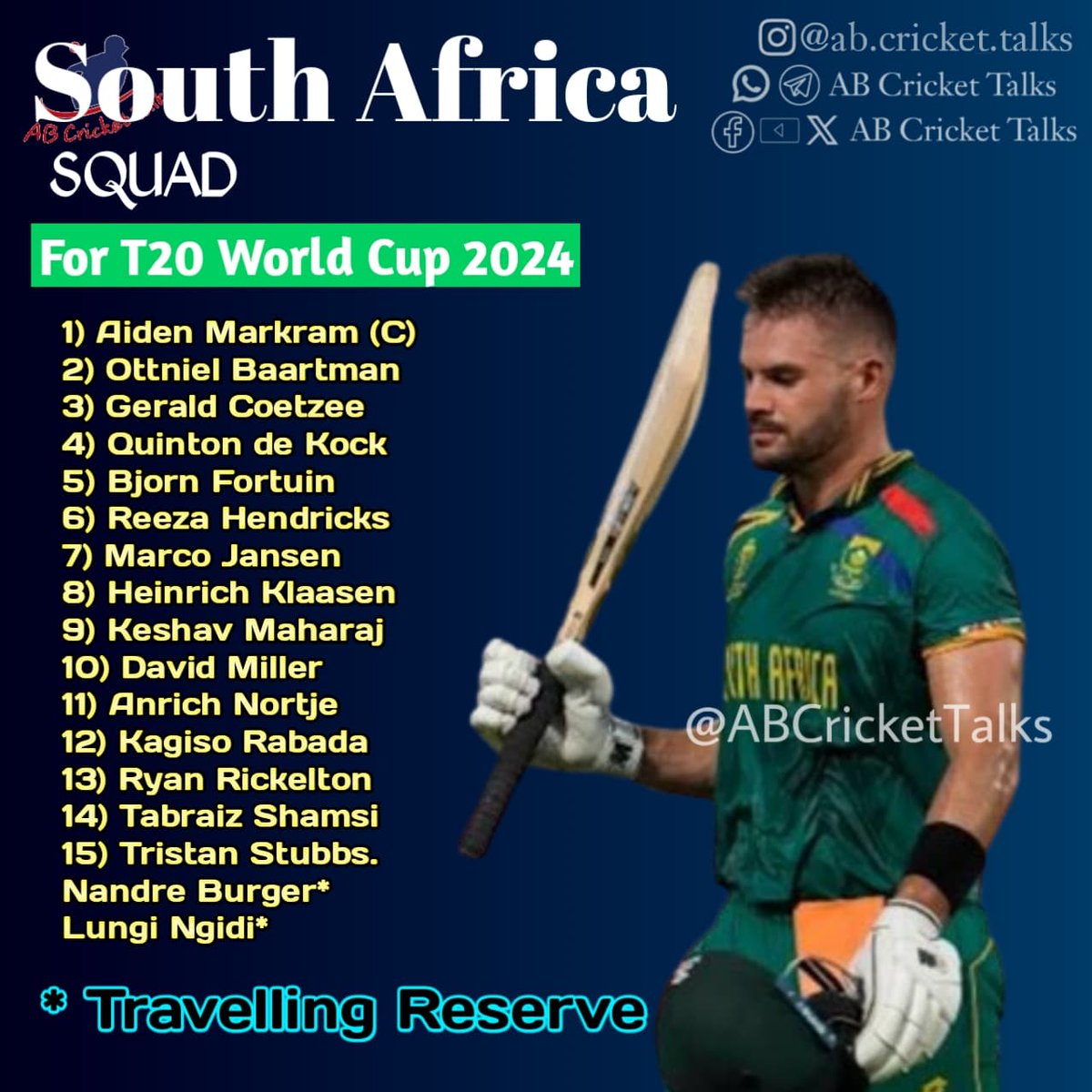 Cricket South Africa has announced there squad for the T20 World Cup 2024

#ABCricketTalks #CricketTalksWithArpit 

#HappyBirthdayRohitSharma #마에스트로_세븐틴의_지휘에_맞춰 #KIZILGONCALAR #SouthAfrica #T20WorldCup24 #T20WorldCup