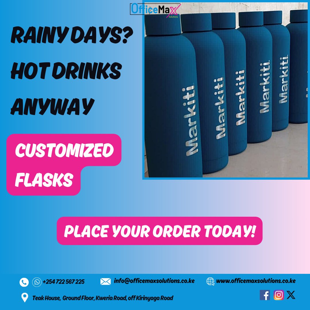 Beat the rain, sip in style! ☔️ Our custom  flasks keep drinks hot & your brand on point. Perfect for rainy days, employee gifts, or promotions. Contact us today to get yours! 
📞 +254 722 567 225 
📧 info@officemaxsolutions.co.ke  
➡️ Visit officemaxsolutions.co.ke  #BrandedSwag