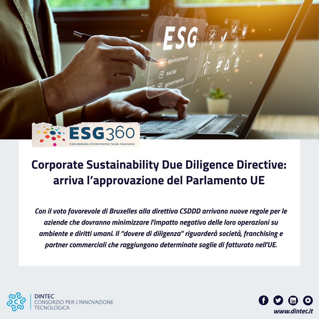 Corporate Sustainability Due Diligence Directive (CSDDD) è stata approvata dal Parlamento europeo! 🤝
La #CSDDD richiederà alle grandi aziende di monitorare le proprie operazioni e il conseguente impatto su #ambiente e #dirittiumani.

➡️bit.ly/44jTgme

#Sostenibilità #UE