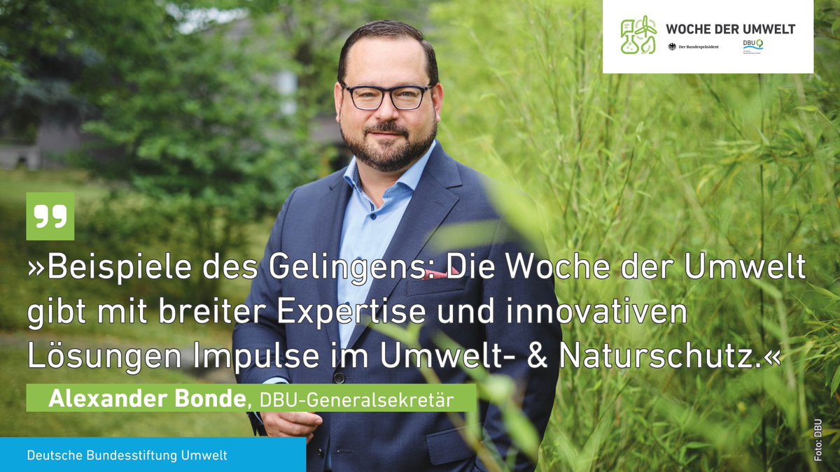 Der Bundespräsident und die DBU laden ein! Die #WochederUmwelt wird ein Fest für eine nachhaltige Zukunft – für das Fachpublikum & für die Bürger*innen. Wenn ihr am 4. & 5.6. in #Berlin im Park von Schloss #Bellevue dabei sein wollt, meldet euch an: woche-der-umwelt.de