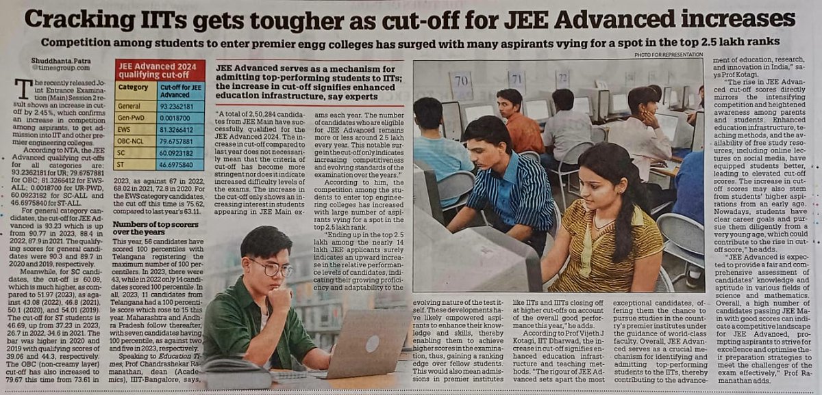 The perspective of our Dean (Academics), Prof. Chandrashekar Ramanathan, regarding the challenge of gaining admission to IITs amidst escalating JEE Advanced cut-offs has been prominently featured in the Times of India. #IIITB #IIITBangalore