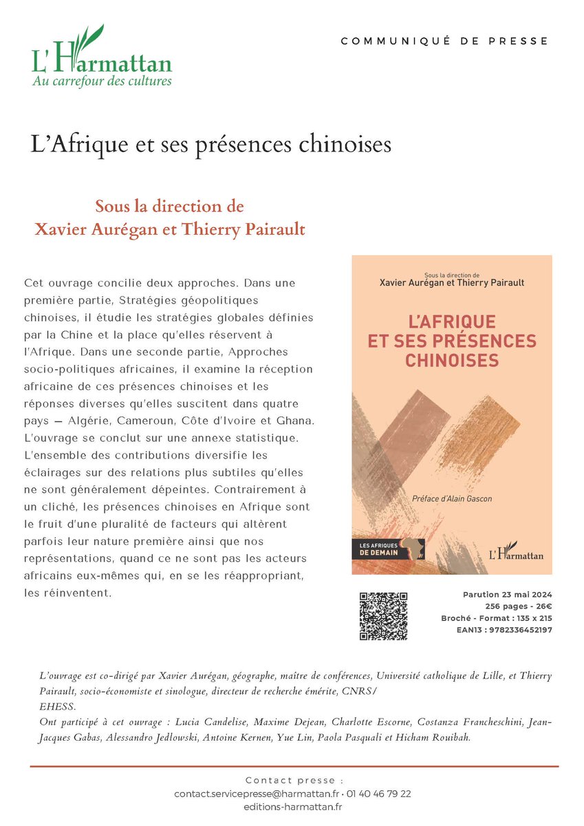 Présences chinoises (@seminairepca) on Twitter photo L’Afrique et ses présences chinoises
sous la direction de Xavier Aurégan et Thierry Pairault
à paraître le 23 mai <a href="/HarmattanParis/">Éditions L'Harmattan</a>
editions-harmattan.fr/livre-l_afriqu… L’Afrique et ses présences chinoises
sous la direction de Xavier Aurégan et Thierry Pairault
à paraître le 23 mai <a href="/HarmattanParis/">Éditions L'Harmattan</a>
editions-harmattan.fr/livre-l_afriqu…