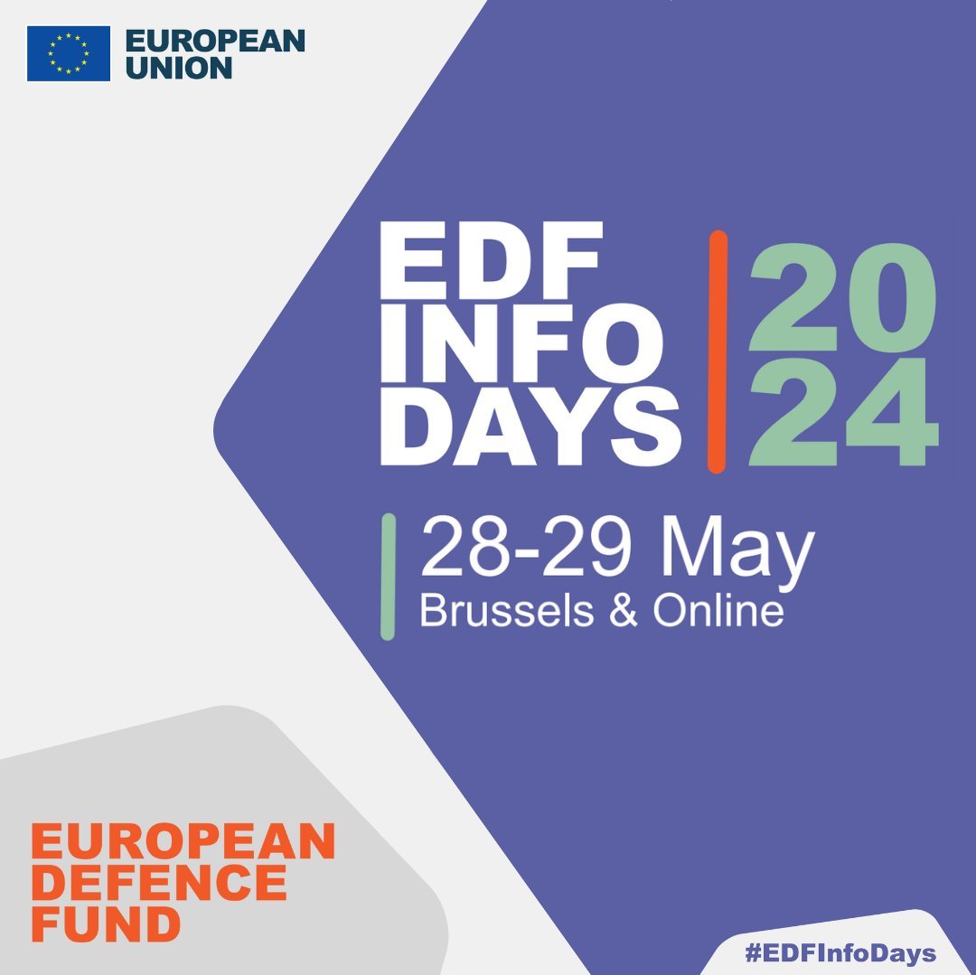 📢#EDFInfoDays: Registration now open ‼️

The two-day event will take place in #Brussels🇧🇪 and online at 🗓️ on 28-29 May.

▶️Participants will have the opportunity to pitch their project ideas💡and hear about funding opportunities 🤝

Find out more at👇
2024.eu-defence-fund-info-days.eu