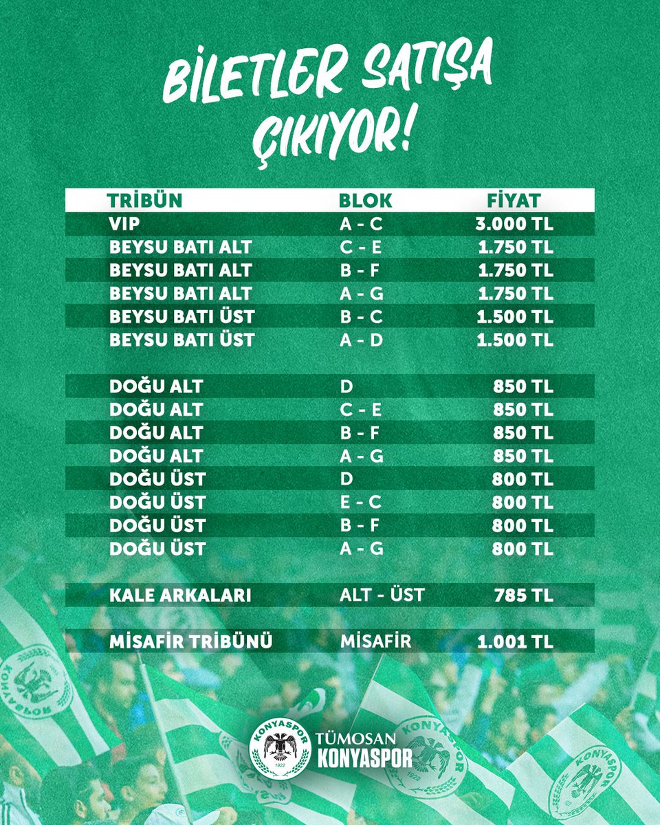 🏟 Konyaspor-Fenerbahçe maçının bilet fiyatları belli oldu. 🟡🔵 Misafir Tribünü - 1001 TL ⚡️ Misafir tribünü biletlerinin satış periyodu kulübümüz tarafından duyurulacak.