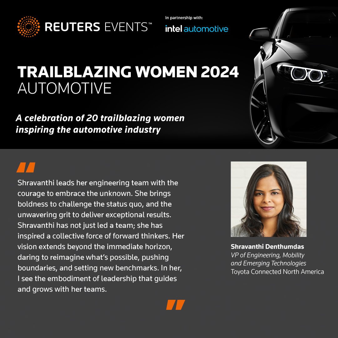 We recently announced our 2024 Trailblazing Women in Automotive Report lnkd.in/g9Vq6D72 to celebrate women internationally. 

Today, we would like to shine light on Shravanthi Denthumdas, <a href="/ToyotaConnected/">Toyota Connected North America</a> who's helping to transform and innovate the automotive industry.