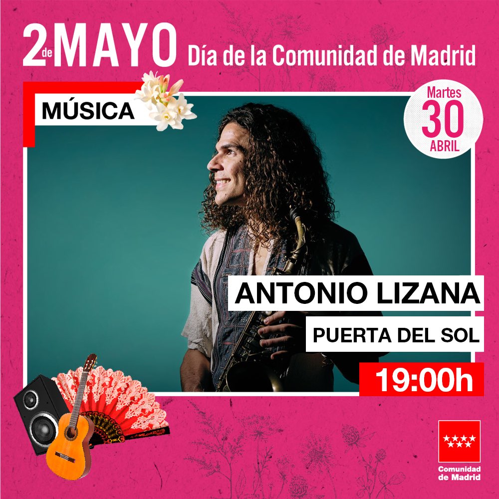 🎵 Hoy arranca la programación de las fiestas del #2deMayo en la Puerta del Sol con el concierto gratuito de Antonio Lizana. ⏰ A partir de las 19:00 h. 🎉 Celebra con nosotros el día de la @ComunidadMadrid. +Info: c.madrid/2deMayo2024 #MadridEsCultura