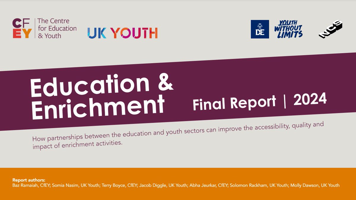 New report from @TheCfEY with @NCS, @DofE & @UKYouth calls for a new NPQ to build expertise in partnership working for enrichment cfey.org/reports/2024/0…