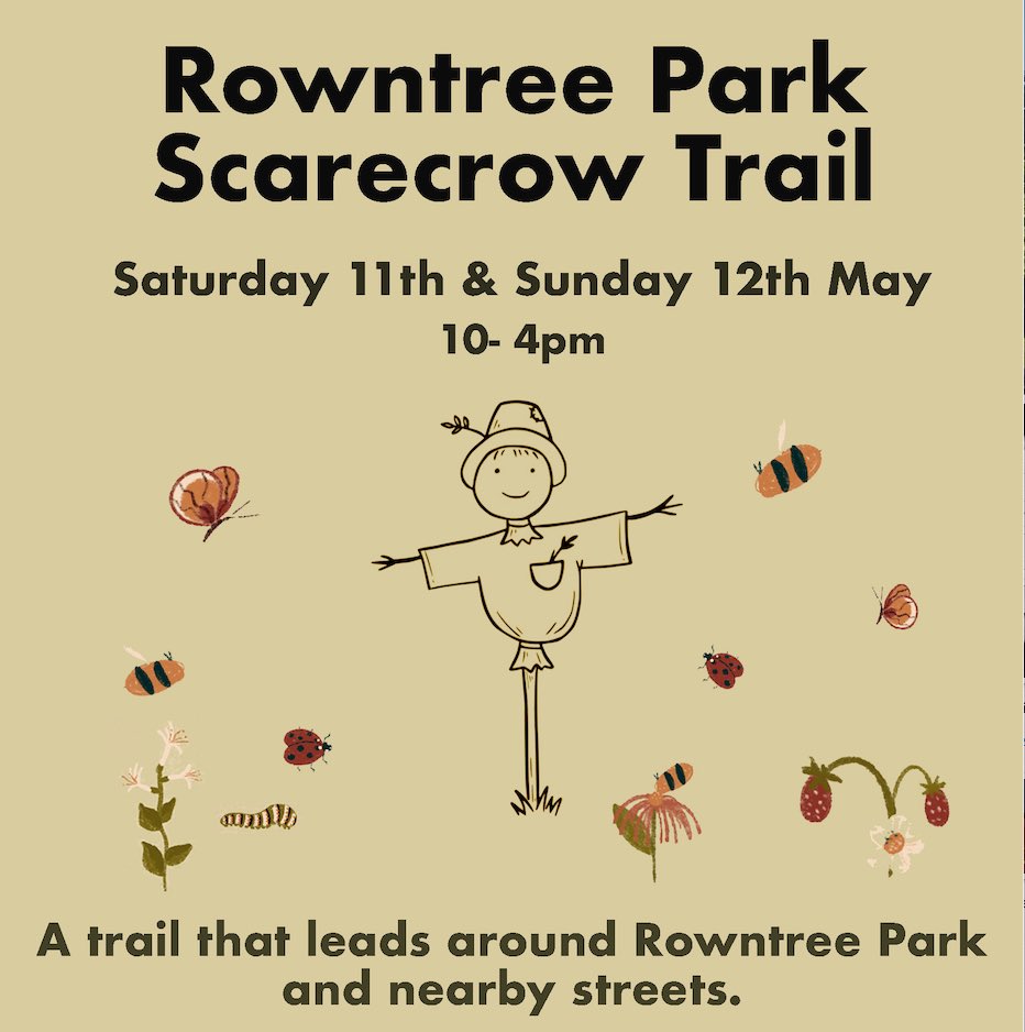 We are excited to share that the Rowntree Park Scarecrow Trail weekend is Saturday 11th & Sunday 12th of May 2024! You can collect a trail & quiz sheet from our stall 10-4pm both days. A lovely community event. Spread the word!