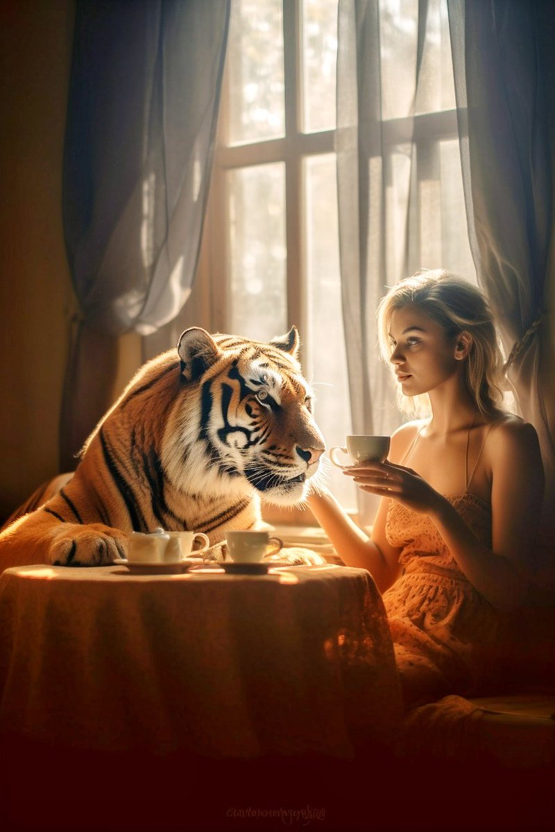 VenusAmbika's tweet photo. @domzest GMW!!!! Rainy, sunny, no matter the weather, if it's within you, the light always shines.

#midjourney #AIArtwork #AIArtCommuity #AIphoto #photorealistic #tiger #coffee #light #sunny #love #everytime #x https://t.co/74g3jj5gPk