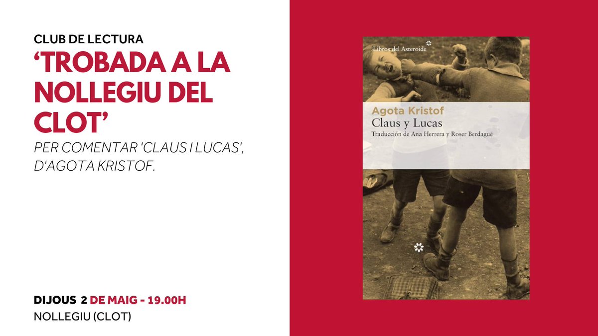 📚 #ClubDeLectura - ''Claus i Lucas' Submergeix-te en la cruesa de la guerra i la resiliència de l'esperit humà amb 'El gran quadern', la novel·la d'Agota Kristof que protagonitzaran Claus i Lucas. ℹ️via.bcn/wqM550Rs5f0 📅 2 de maig ⏰ 18.30 h 📍Nollegiu del Clot