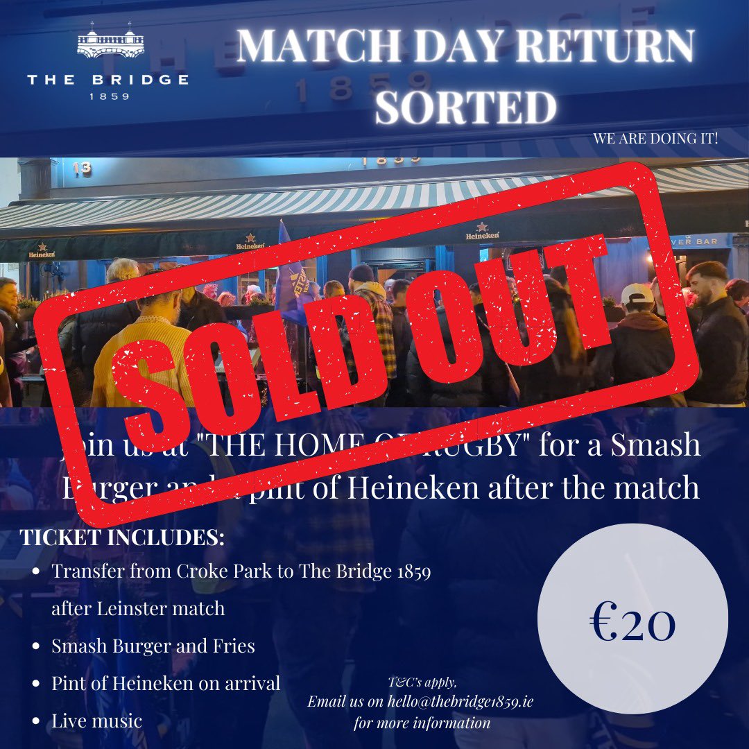 🚌 All aboard the excitement train!🚎 Match day return bus tickets from Croke Park to The Bridge 1859 are now SOLD OUT! But fear not, we would still love to see you before, during, and after the match! Come join the fun at The Bridge 1859 on May 4th 🎉 #MatchDayreturnsorted