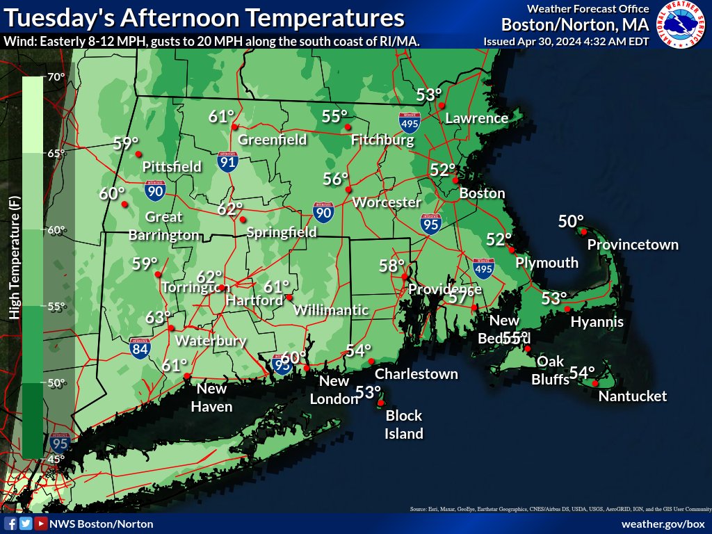 Tuesday: Expect much cooler conditions as a backdoor cold front moves across southern New England. Temperatures will peak in the 50s and low 60s. #MAwx #CTwx #RIWx