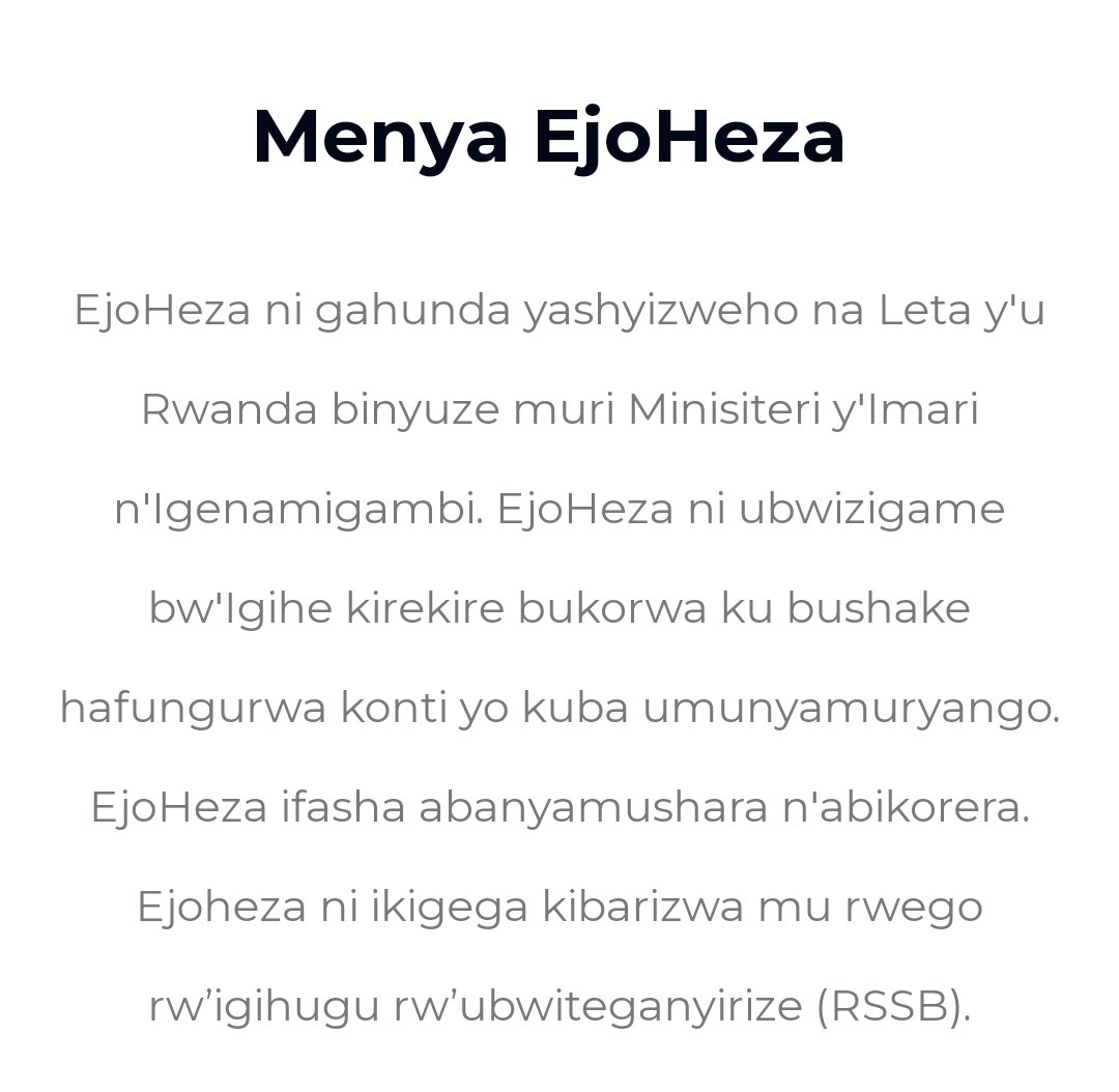 ✅KWIZIGAMIRA MURI #EjoHeza NTABWO ARI ATEGEKO

🤯'EjoHeza ni ubwizigame bw'iguhe kirekire bukorwa ku #BUSHAKE hafungurwa konti yo kuba umunyamuryango'

📝Ku bisigaye wasura uruba rwayo (ejoheza.rssb.rw)

#RwoT #RwoX #Rwanda