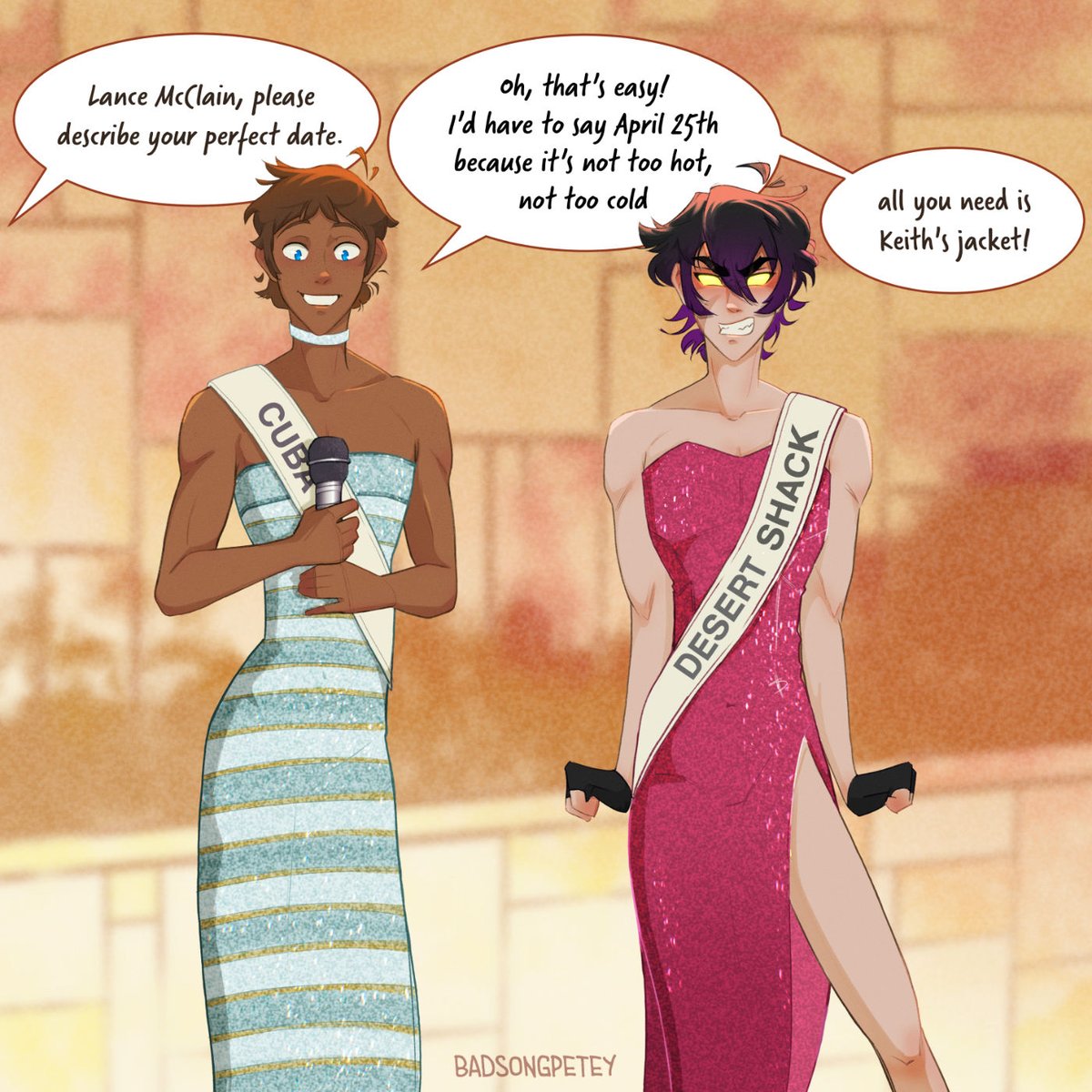 Redraw of my Perfect Date art from 2 years ago - a little late, sigh. I'm rly pleased with the sequined pageant gowns (so is Lance). Also happy belated @caeseria_k !
#klance #Voltron #misscongeniality
