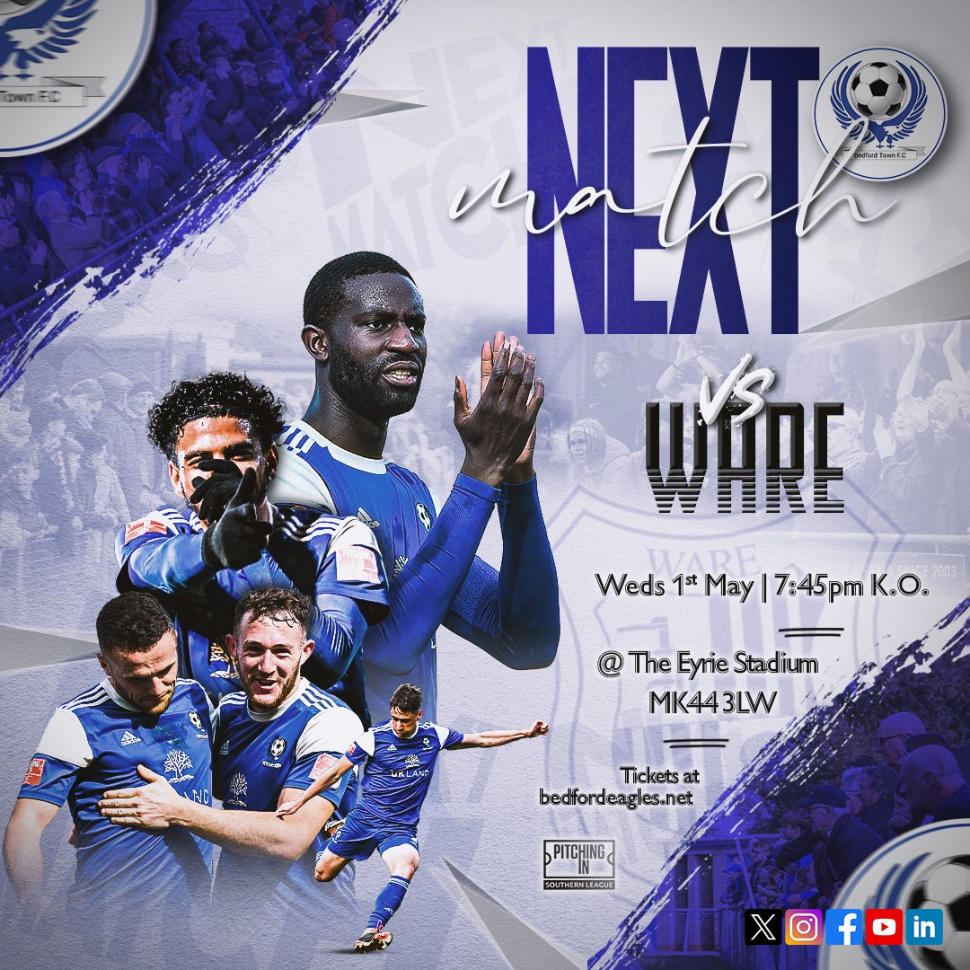 🔜 | 🅽🅴🆇🆃 𝗠𝗔𝗧𝗖𝗛 🤟 𝘐𝘵'𝘴 𝘗𝘭𝘢𝘺𝘰𝘧𝘧 𝘚𝘦𝘮𝘪-𝘍𝘪𝘯𝘢𝘭 𝘛𝘪𝘮𝘦 🆚 @Ware_FC 📆 Wed 01.05 ⏱️ 7:45pm KO 🏟️ The Eyrie Stadium 📍 MK44 3LW 🎟️ bedfordtownfc.ktckts.com 🗣️ We need you! #BeThe12th #BTVWFC // #COYE