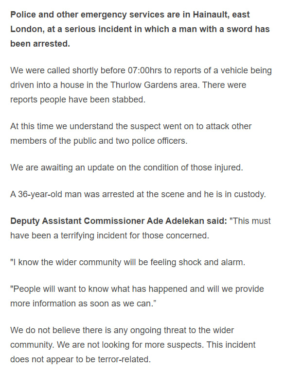 Police statement after multiple people were stabbed in London in seemingly random attacks. The total number of victims is not yet clear but at least 2 police officers are among them. The suspect, a 36-year-old man, is in custody.