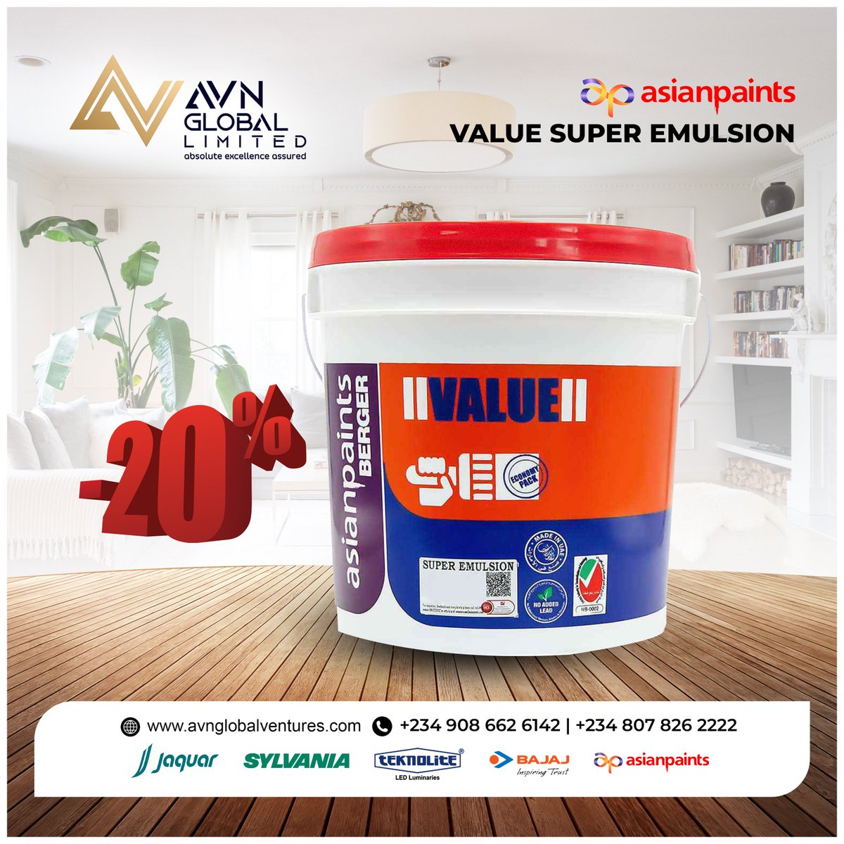 Transform your walls with Asian Paints Value Super Emulsion - now 20% off! Smooth, long-lasting coverage at an unbeatable price. 

#avnglobal #AsianPaints #WallPaint #HomeDecor #DIYSavings