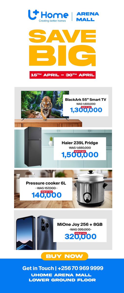 Today is the last day of the April discounts Drop by at @UhomeUganda to shop all your desired appliances before the discount offers end today #UhomeArenaMall #Uhomediscounts