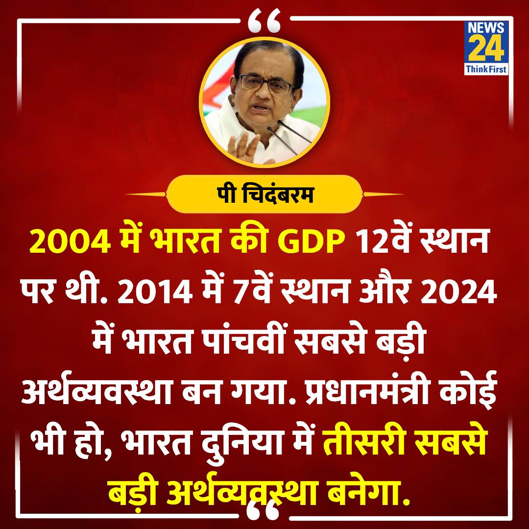 'PM कोई भी हो, भारत दुनिया में तीसरी सबसे बड़ी अर्थव्यवस्था बनेगा'

◆ कांग्रेस के सीनियर नेता पी चिदंबरम ने कहा

#PChidambaram | @PChidambaram_IN | #IndianEconomy