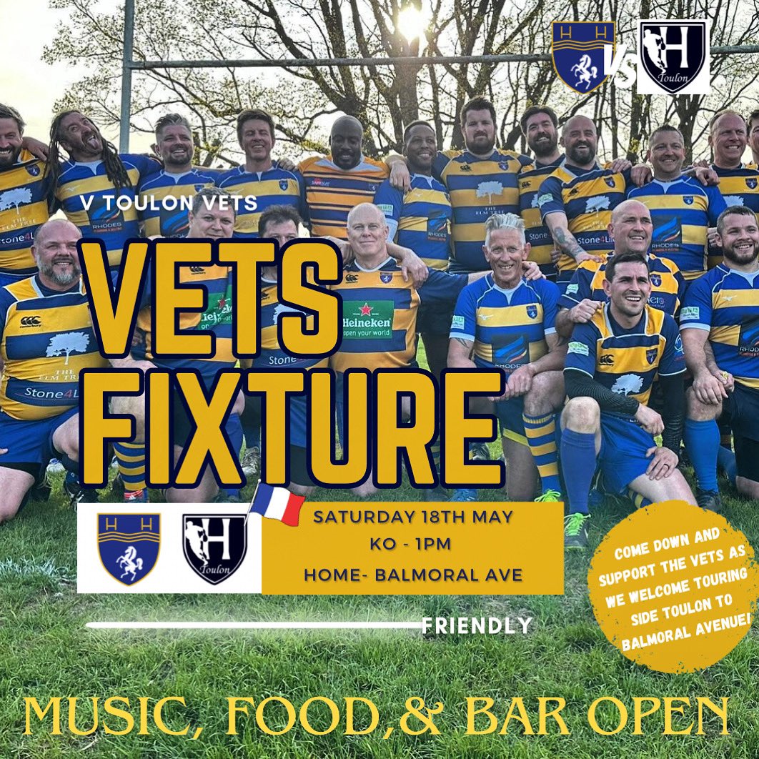 Save the Date 📆 Our vets host touring side RHT Toulon on: 📆Saturday 18th May ⏰KO 1pm 🏟️Balmoral Ave Food, music and bar open. Come down and lend your support! 🇬🇧🇫🇷🏉