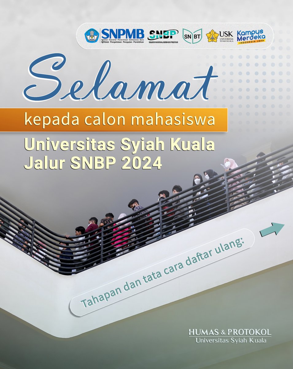 #InfoUSK Halo calon mahasiswa USK jalur SNBP 2024, silakan cek jadwal dan tata cara pendaftaran ulangnya ya, informasi lengkapnya ada di sini usk.ac.id/jadwal-dan-tat… #USK #SNBP