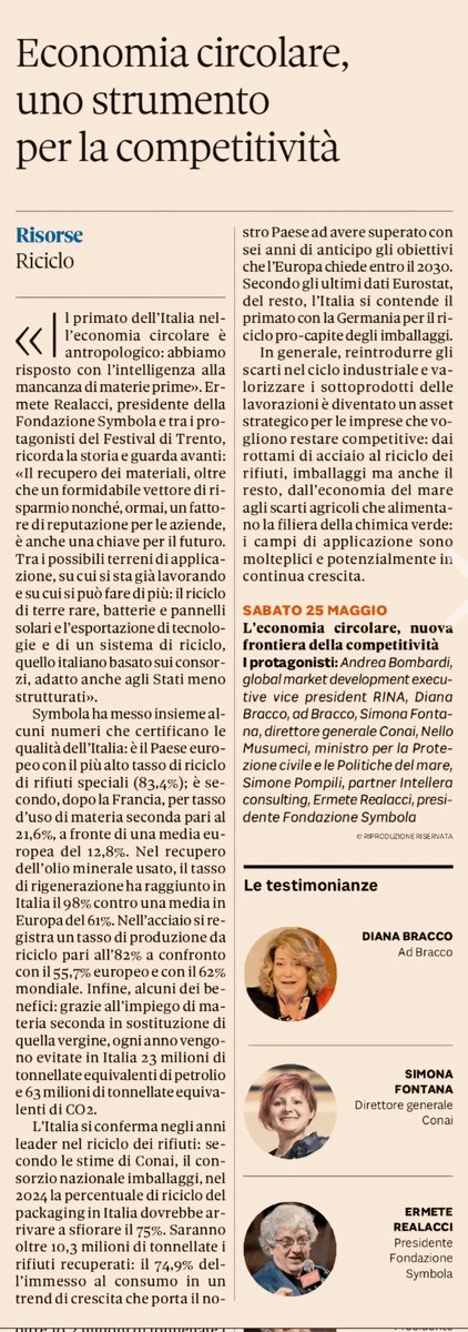 L'#economiacircolare è fondamentale anche per la decarbonizzazione e ci fa risparmiare oltre 23 milioni di tonnellate equivalenti di petrolio e 63 milioni di tonnellate di CO². Sarà uno dei temi principali al Festival di Trento del @sole24ore. Ne parleremo anche al Seminario