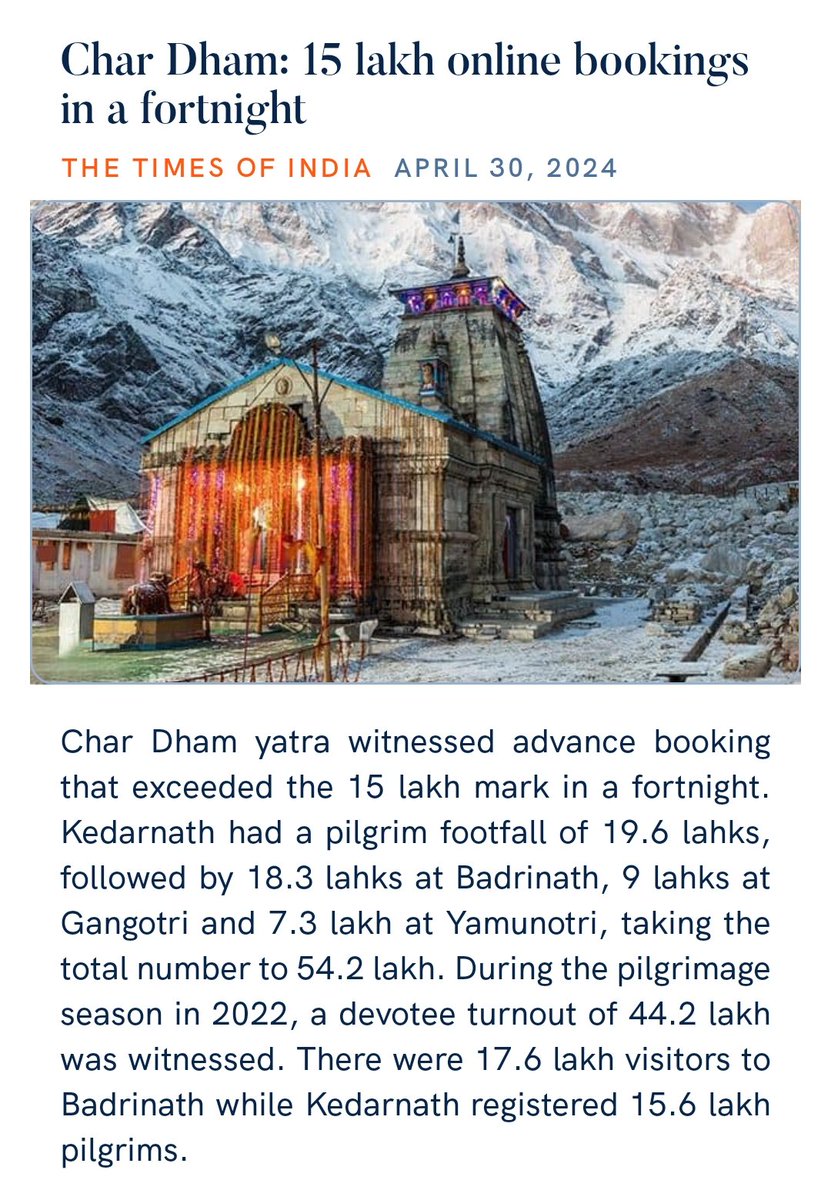 #IncredibleIndia
Kudos PM @narendramodi Ji Boosting #ReligiousTourisim
Char Dham: 15 lakh online bookings in a fortnight
Pilgrims Footfall total 54.2 lakh 
Kedarnath 19.6 lakhs
Badrinath  18.3 lakhs
Gangotri       9  lakhs
Yamunotri    7.3 lakhs
timesofindia.indiatimes.com/india/char-dha…
@PMOIndia