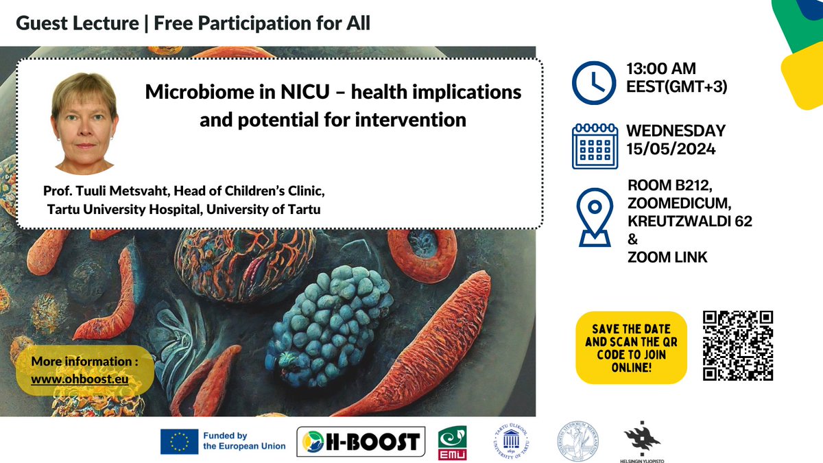 🌟 Join us for a Guest Lecture by Prof Tuuli Metsvaht, head of Children’s Clinic, Tartu University Hospital, on May 15th, 2024! Topic: Microbiome in NICU – health implications and potential for intervention

more info:oh-boost.eu

 #OneHealthEstonia #ohboost
