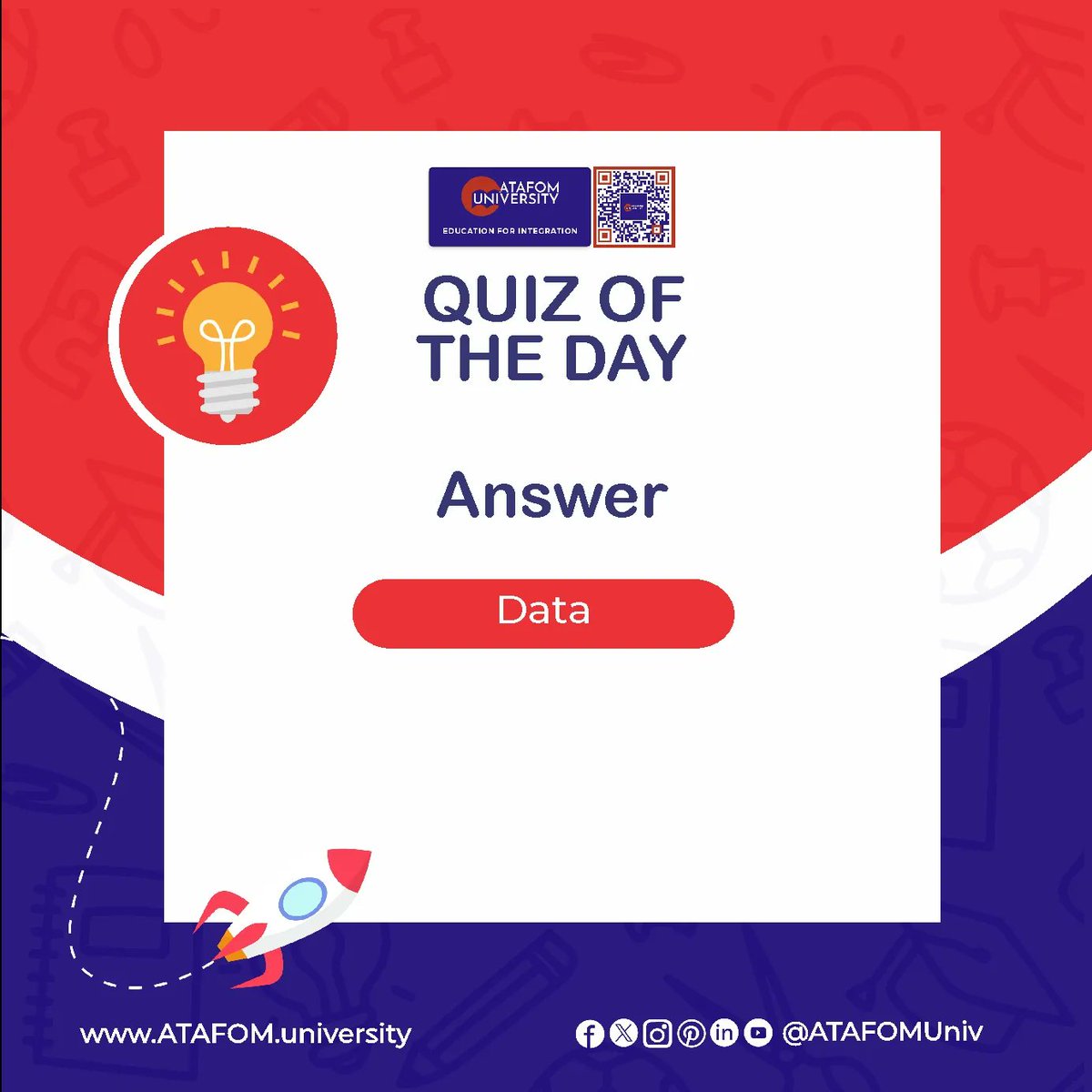 Quiz of the Day!

➡️ Can you tell Accuracy, Purpose, Relevance, Validity, and Timeliness are the features of what?
• Data
• Information
• Knowledge
• All of the above

Answer - Data✅

#ATAFOM
#ATAFOMuniversity
#SakirYavuz
#QuizChallenge
#quizinstagram #PerfectTimingHolding…