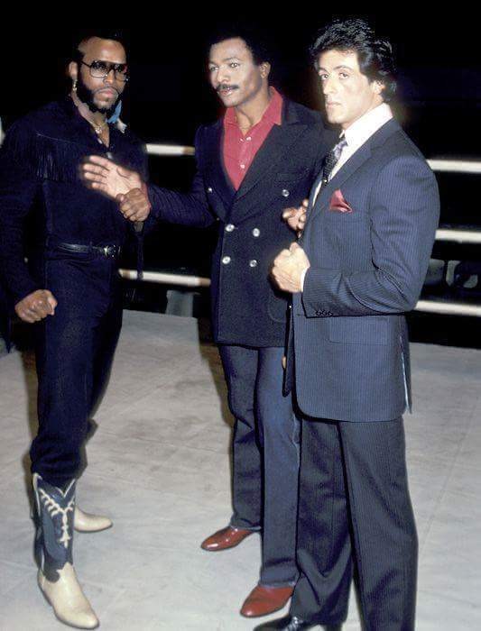 Mr T., Carl Weathers and Sly Stallone in 1983.