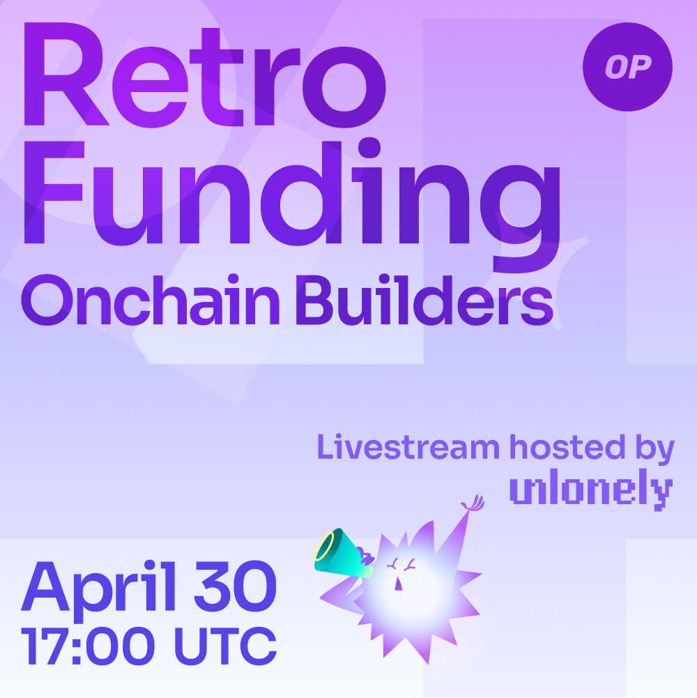 Catch the livestream about Retro Fundings Round 4 today here and on @unlonely_app at 1700 UTC. Featuring past grand recipients from @boost_xyz @0xsmallbrain @basepaint_xyz @synthetix_io and looking ahead to the next round.
