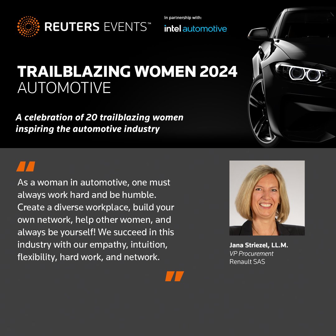 In partnership with Intel Corporation automotive, we are proud to recognize 20 Trailblazing Women in Automotive for 2024. Check it out here lnkd.in/gCCXn_qN 

We're delighted to include Jana Striezel of <a href="/renaultgroup/">Renault Group</a> for her efforts in creating a diverse workplace.