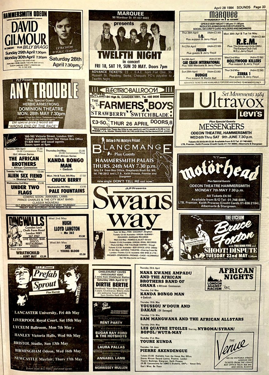 REM at the Marquee is the standout show by some way this week. 

Will also take a trip out to the Electric Ballroom for #FarmersBoys & #StrawberrySwitchblade. 

Finally will head to Newcastle Mayfair for   @Prefabsprout on their home patch.

@remhq 

Sounds Apr 28th 1984