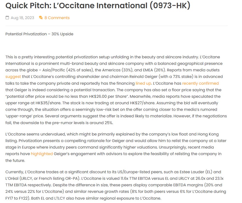 Finally, the offer for $0973 has been announced. Reinold Geiger (owns 73%) will buy the company at HK$34/share. A 5% spread still remains. 

Full pitch here: specialsituationinvestments.com/2023/08/quick-…