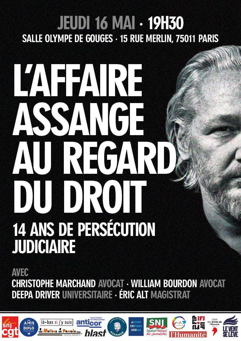 Quelques jours avant l’audience décisive du 20 mai sur la possibilité d’un ultime appel pour stopper l’extradition de Julian Assange, une grande conférence aura lieu sur le thème « L’affaire #Assange au regard du droit ». 📅 le 16 mai à 19h30 📍Paris, 11e ldh-france.org/laffaire-assan…