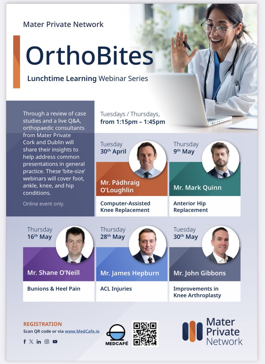 OrthoBites 🩻 🦴 🔨 Lunchtime🥪 🥗 Webinar Series 30 minute ‘bite-size’⏱️ Webinars Common presentations for GPs ✅ Case studies ✅ Q&A ✅ 1st 🥇 webinar today 📅 Tues 30th Apr ⏰ 1:15pm-1:45pm 🎤 Mr Pádhraig O’Loughlin In partnership with @materprivate 👩🏼‍🎓CPD