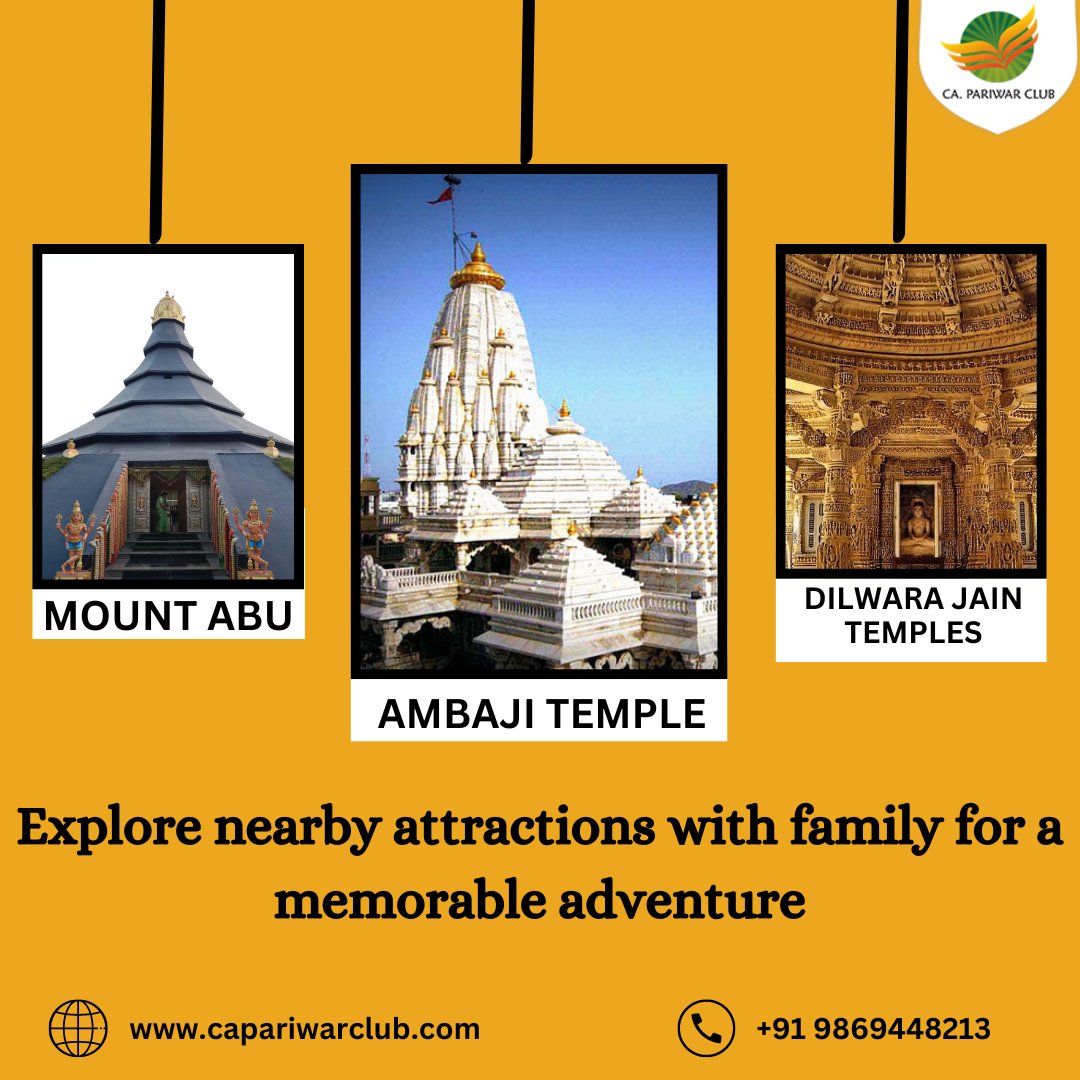 Discover Mount Abu's wonders with us! Visit nearby attractions like Brahma Kumari Ashram, Ambaji Temple, and Dilwara Jain Temples for a cultural experience. Explore, relax, and create unforgettable memories! #MountAbu #CAPariwarClub