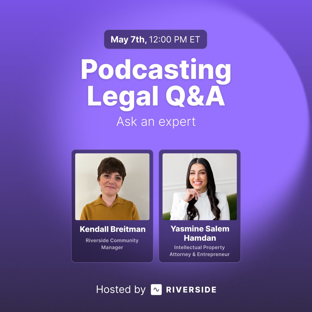Get your legal questions answered, without the legal fees. Creating content comes with a whole host of legal questions, like: ➡️ How do I protect my content online? ➡️ Should guests to sign a release form? ➡️ Should I trademark my show's name? ➡️ What do I need to know before I…