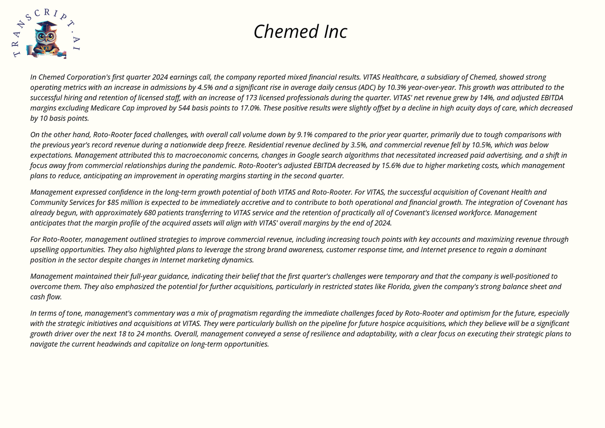 $CHE Earnings call summary of Chemed Inc : Management's tone is optimistic and confident, projecting strong future growth and stability. #Earnings #EarningsCall #EarningsTranscript #CHE