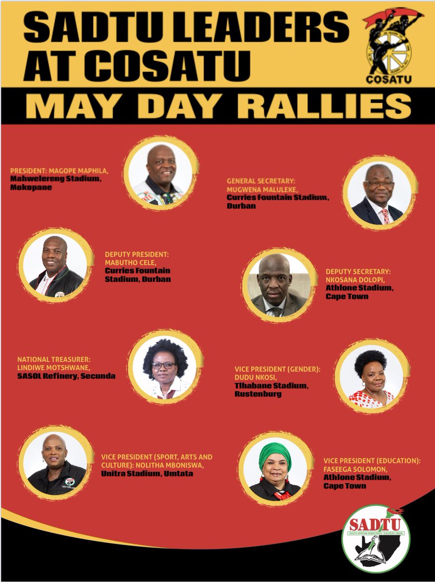 SADTU leaders will be at Cosatu May Day Rallies in all nine provinces #TeachersAreWorkers #VoteANC @_cosatu @MYANC @SABreakingNews @SABCNews_Radio @SABCNews