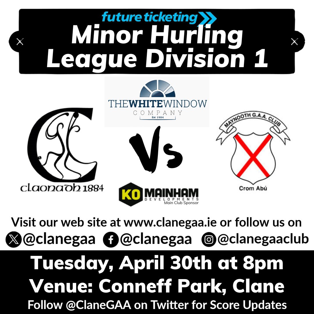 Best wishes to our Minor Hurlers who face Maynooth in the Future Ticketing League Div1 this evening in Clane. A win would guarantee a place in the final. Throw in at 8pm. All support welcome. The team will be wearing their new jerseys kindly sponsored by The White Window Company