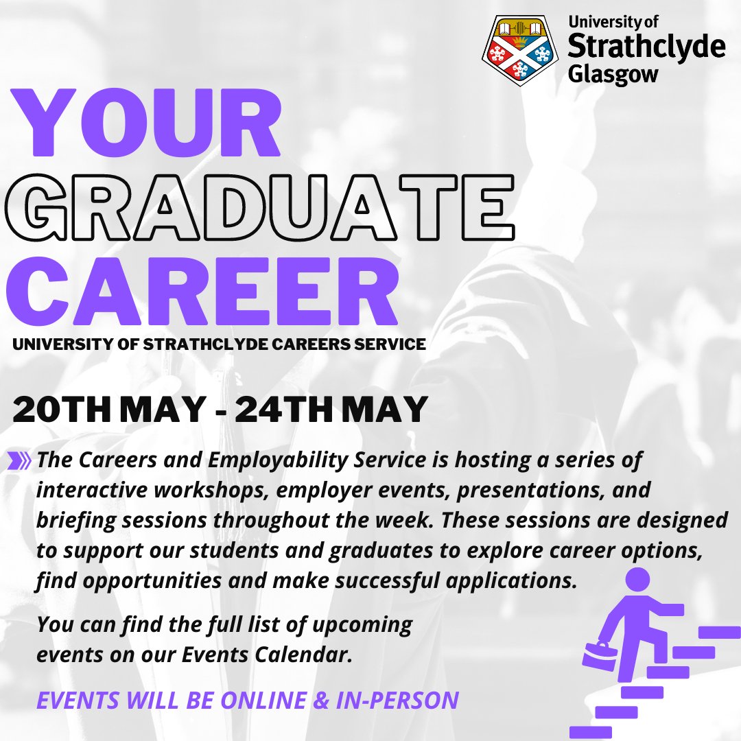 Calling all Students and Graduates!🌟

#YourGraduateCareer⠀⠀
Date: 20th– 24th May
Location: Online & In-person events

You can find the full list of events on our Events Calendar. Link in Bio!
#StrathCareers #StrathLife #graduates