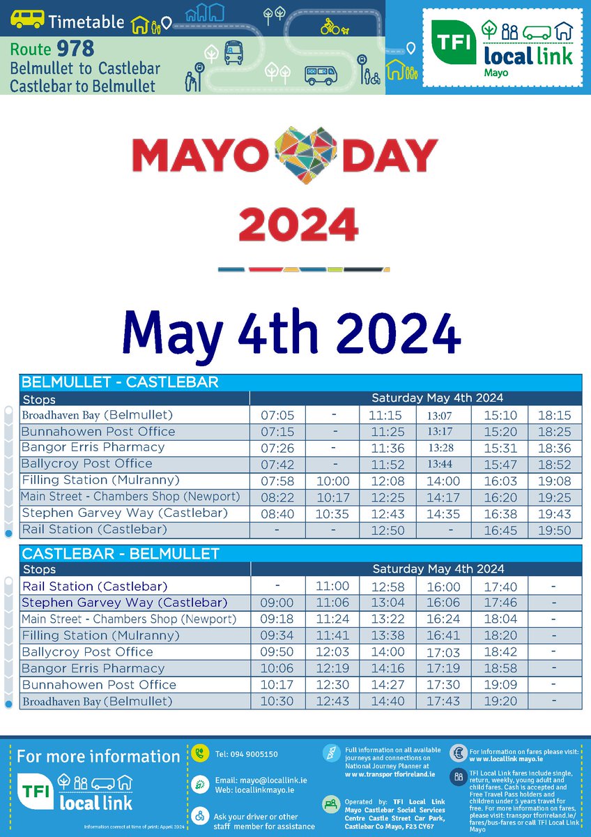 Fantastic news from @LocalLink_Mayo with the announcement of extra services on the route between Castlebar and Belmullet this Saturday, May 4th for #MayoDay

A great option for those who want to leave the car at home! Check out the updated Mayo Day timetable on their poster.