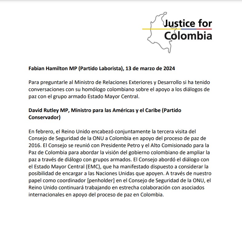 En el parlamento británico (13 de marzo) el diputado @FabianLeedsNE (@UKLabour) pidió a que el gobierno apoyara los diálogos entre el gobierno colombiano y el Estado Mayor Central. Los diálogos forman un elemento clave de la política de Paz Total de presidente @petrogustavo.