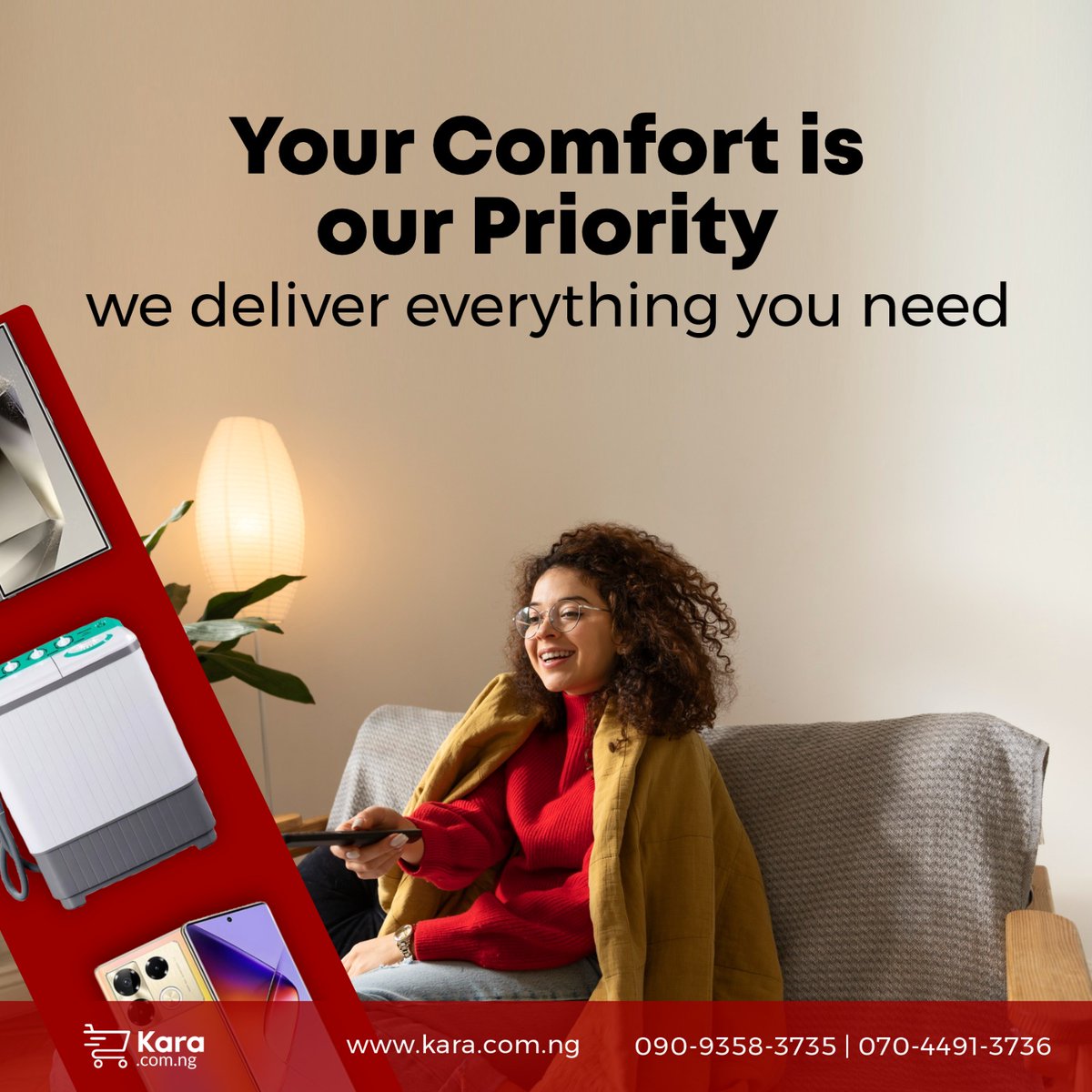 We understand how important your comfort is, and we want you to know that it is our top priority. Our aim is to deliver everything you need so that you can feel at ease and taken care of.
 
Visit our website ( link in bio ) today 😍

#KaraNigeria #MobilePhones #WashingMachines