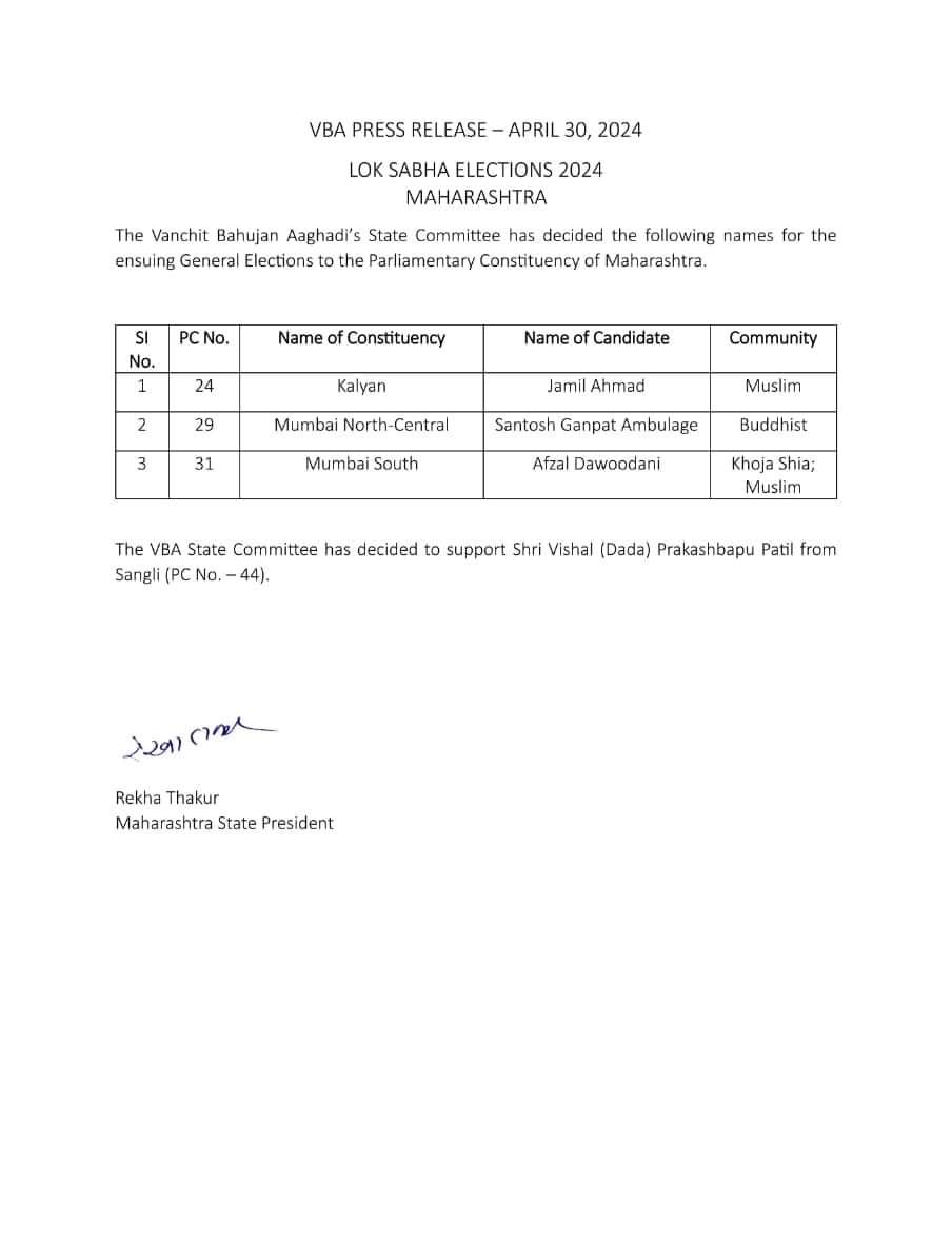 वंचित बहुजन आघाडीने लोकसभा निवडणुकीसाठी महाराष्ट्रातील खालील मतदारसंघासाठी उमेदवारांची यादी जाहीर केली. वंचित बहुजन आघाडीच्या राज्य कार्यकारिणीने सांगली मतदारसंघातून विशाल प्रकाशबापू पाटील यांना पाठिंबा देण्याचा निर्णय घेतला आहे. #VBAForIndia